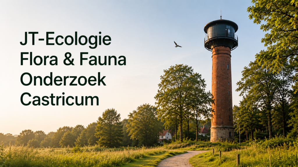 De watertoren van Castricum bij zonsopgang, met tekst JT-Ecologie Flora & Fauna Onderzoek Castricum